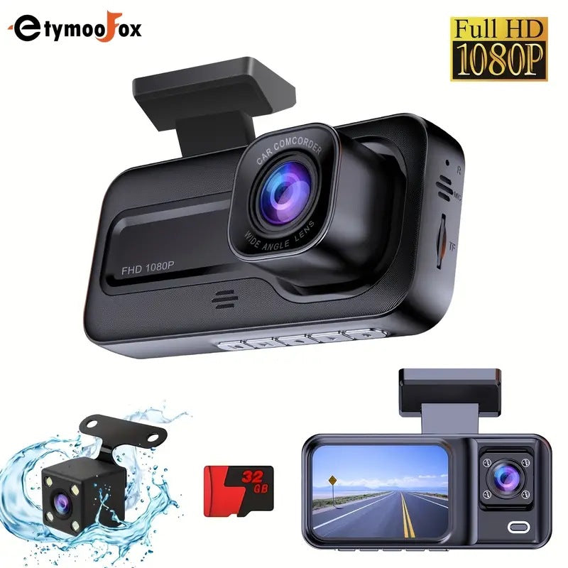 Car dashboard camera with accessories on a white background, featuring the brand 'etymooFox'.