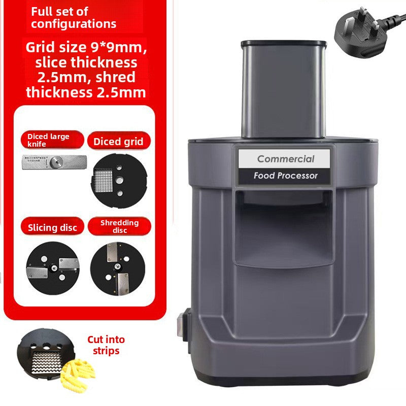 Commercial food processor with interchangeable discs and power cord on a white background