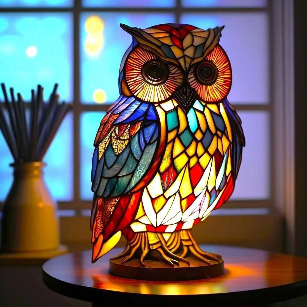 Colorful owl-shaped lamp with stained glass design on a table.