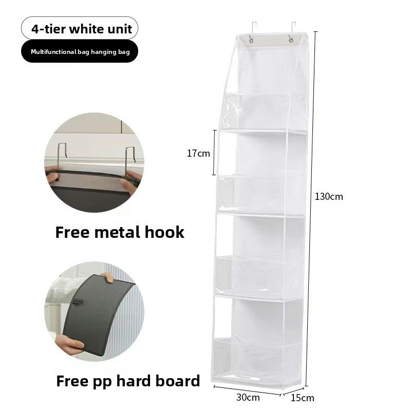 White hanging bag organizer with dimensions and features on a white background