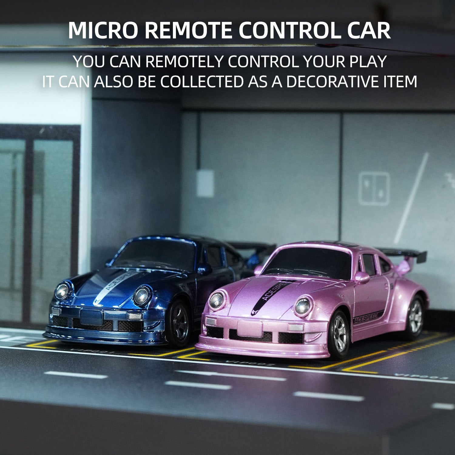 Two micro remote control cars, one blue and one pink, on a track with text about remote control capability and decorative use.