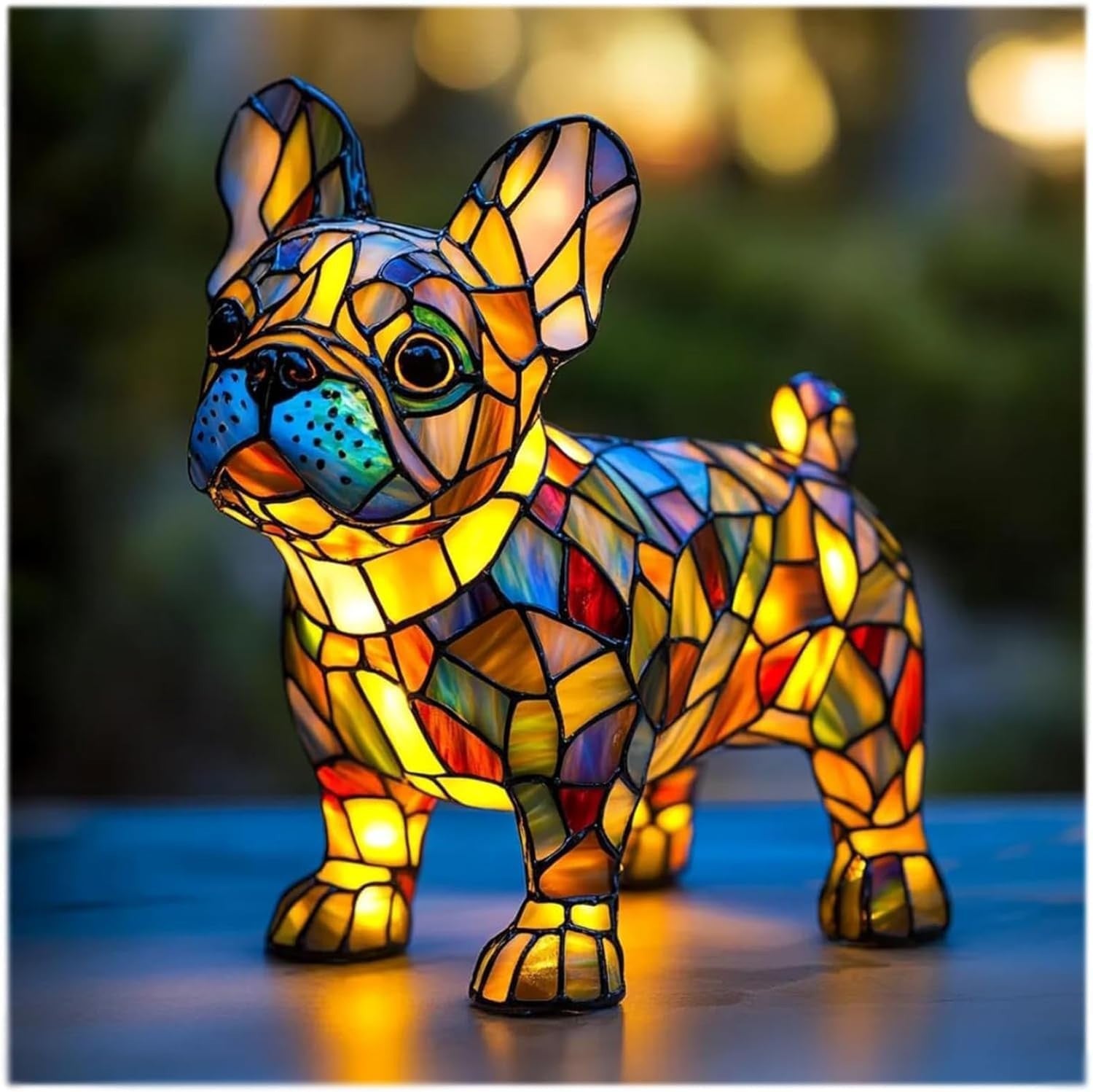 Colorful stained glass dog sculpture on a blurred background