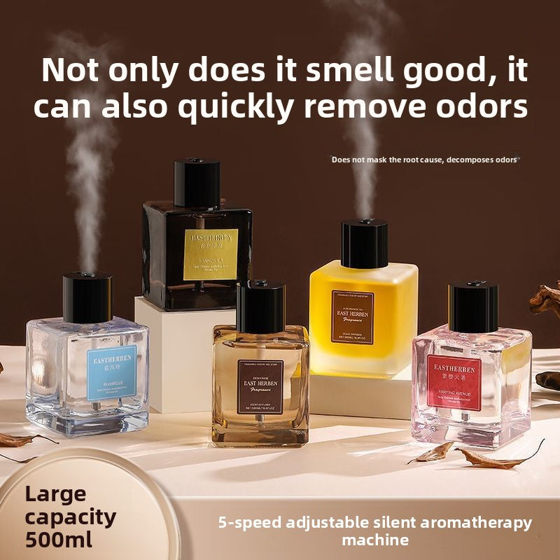 Collection of aromatherapy electric diffusers with text highlighting their odor removal capabilities on a brown background.