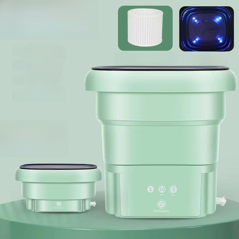 Green collapsible washing machine with close-up insets on a light green background