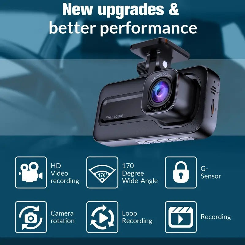 Car dashboard camera with features listed on a blue background