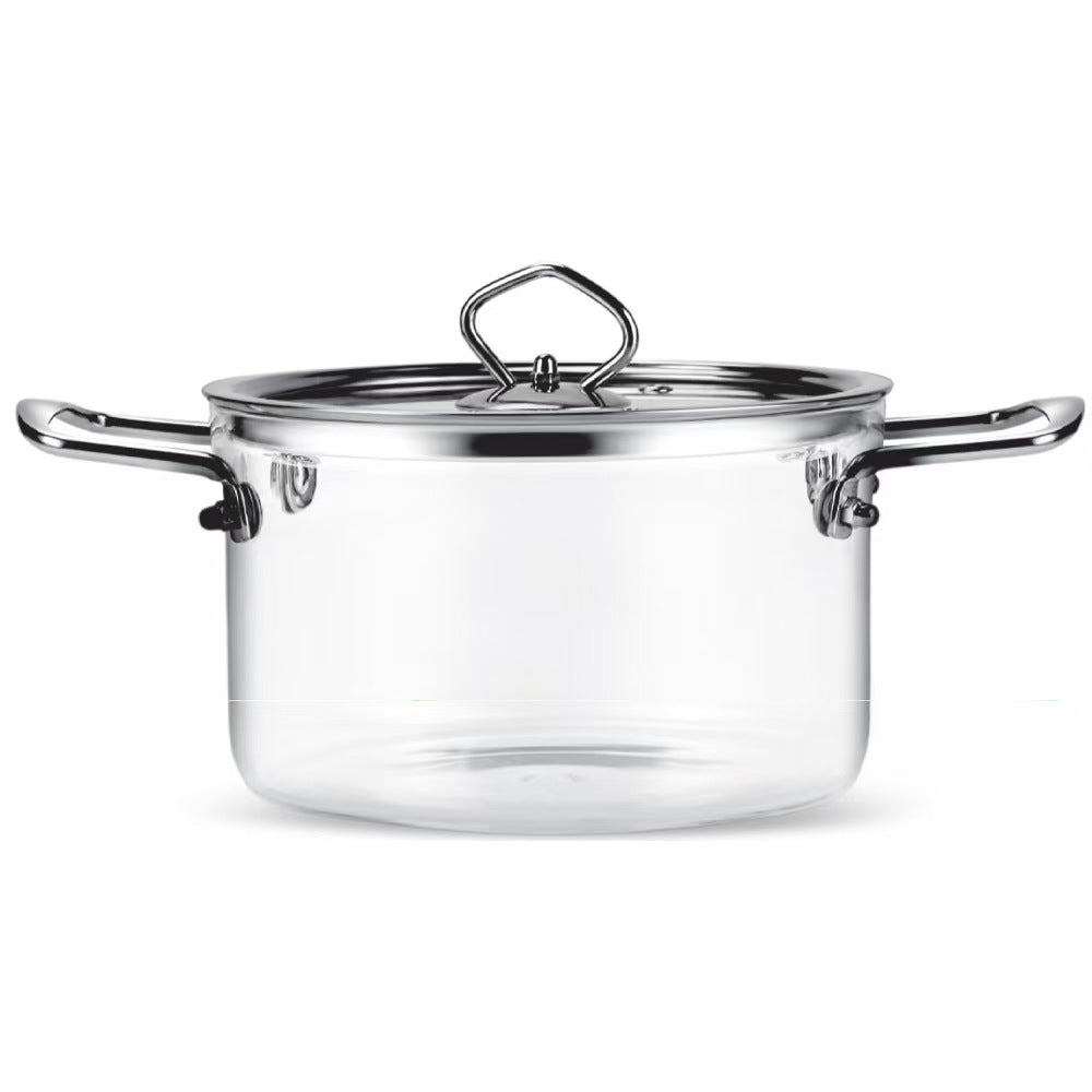 Clear glass pot with metal handles and lid on a white background