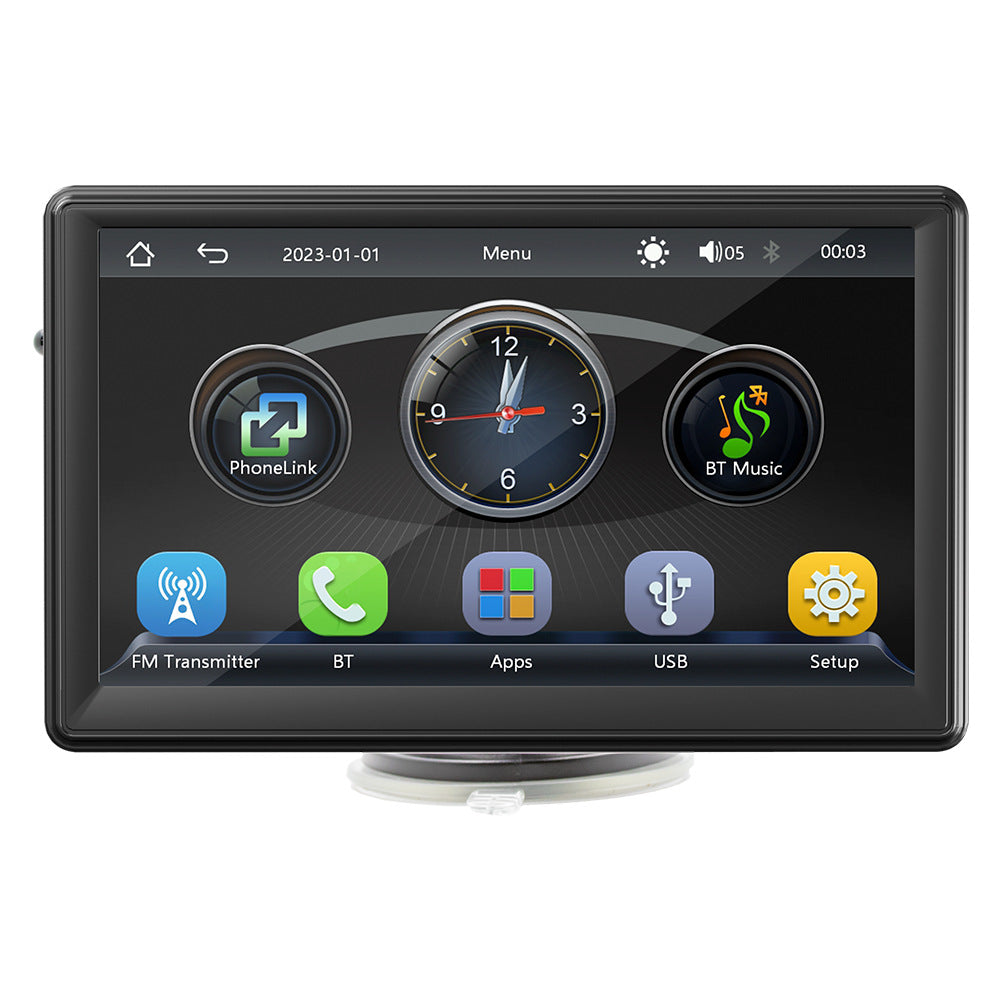 Car multimedia system display with various icons on a white background