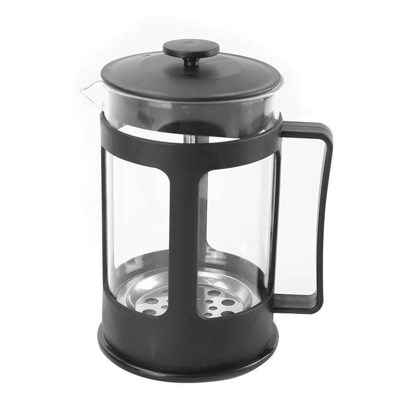 Black French press coffee maker on a white background