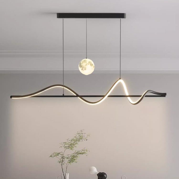 Modern pendant light with wavy design on a neutral background