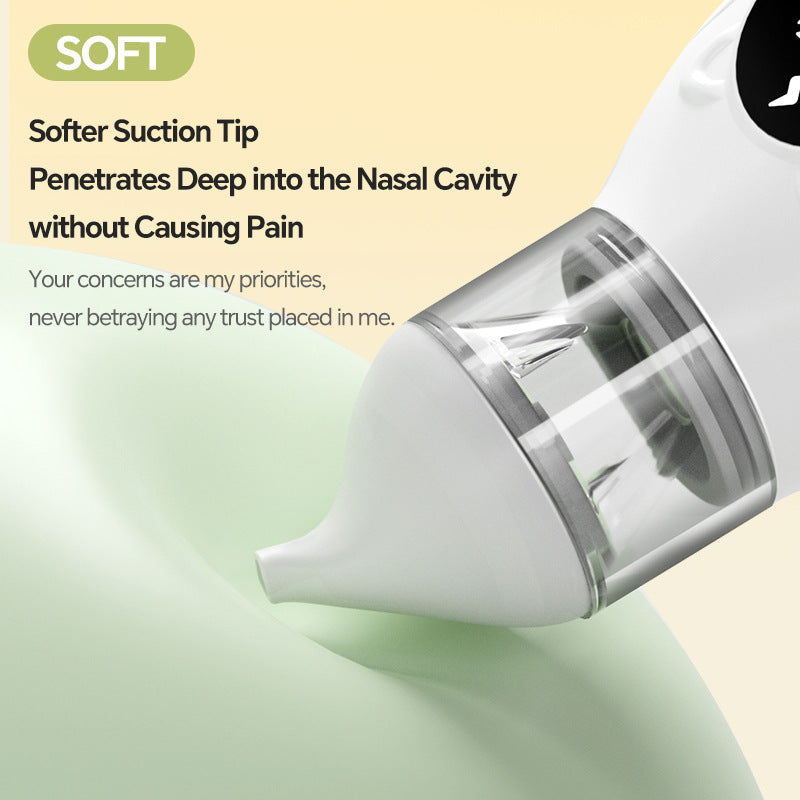 Nasal suction device with text highlighting its soft suction tip and benefits on a light green background.
