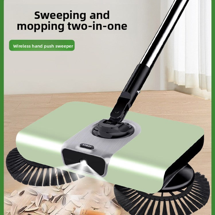 Two-in-one cleaning tool with sweeping and mopping functions on a wooden floor.