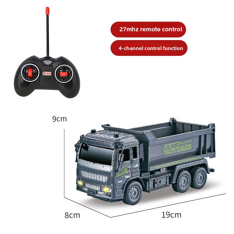 Toy dump truck with remote control and specifications on a white background