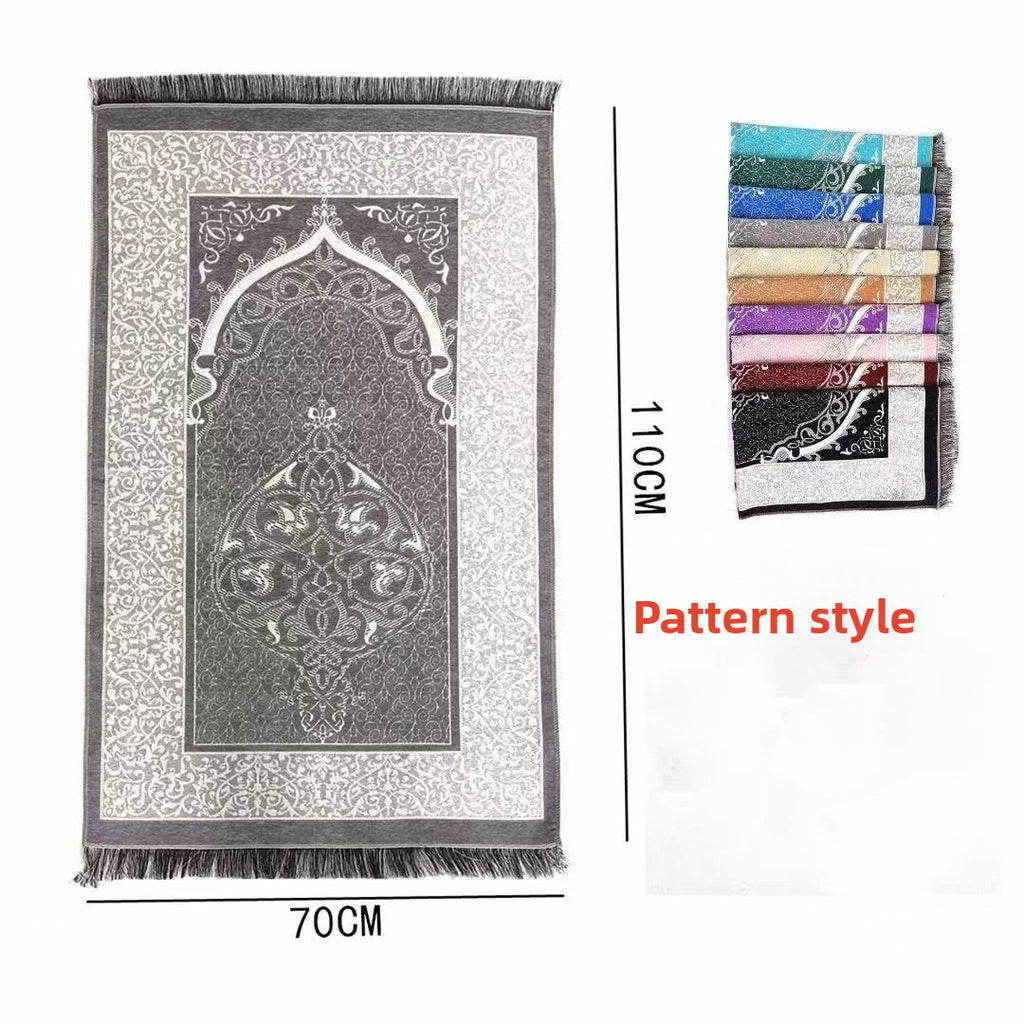 Gray prayer mat with intricate design and dimensions on a white background