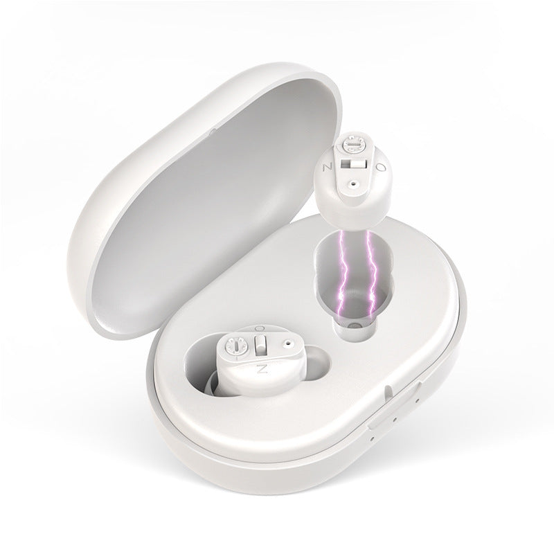 White wireless earbuds in a charging case on a white background