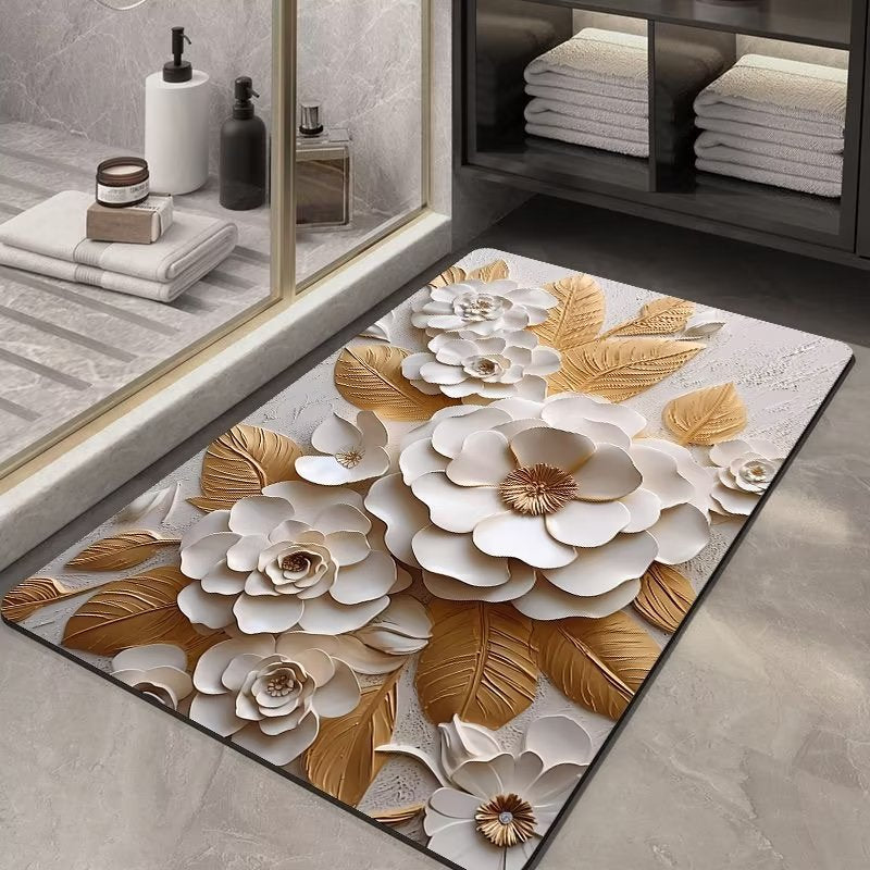 Decorative rug with floral design on a bathroom floor