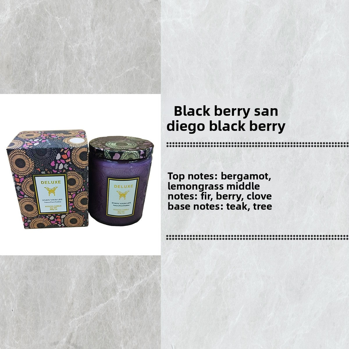 Deluxe Candle Co. candle with decorative box on a textured white background