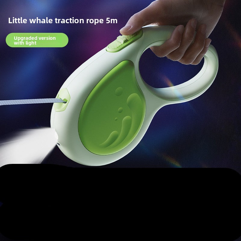 Green and white pet traction rope with light feature held by a hand against a dark background