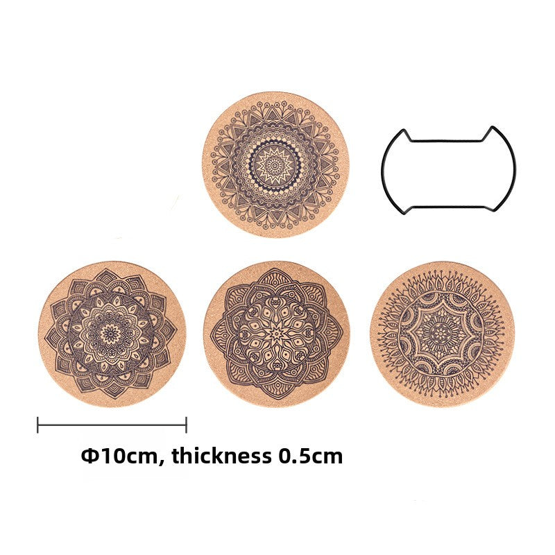 Four circular coasters with mandala designs on a white background, showing dimensions.