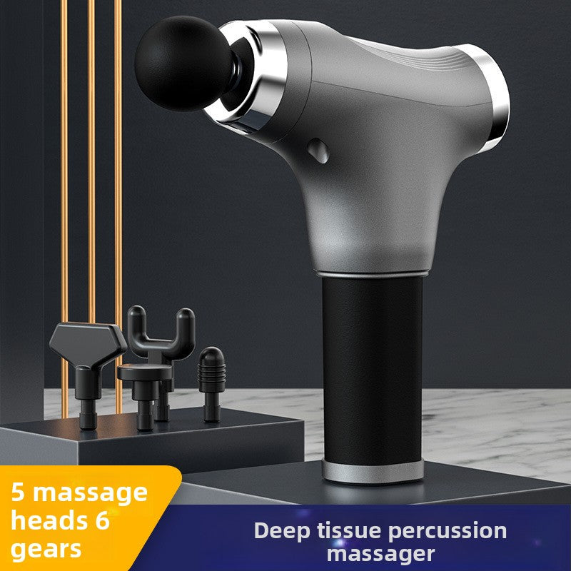 Deep tissue percussion massager with multiple massage heads on a dark background