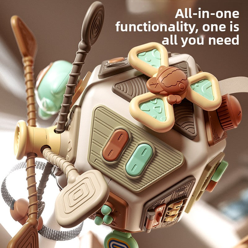 Toy with multiple attachments and text 'All-in-one functionality, one is all you need' on a blurred background