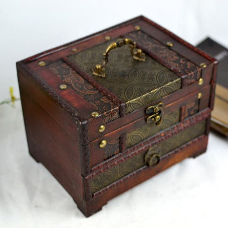 Decorative wooden box with intricate patterns and gold accents on a white background