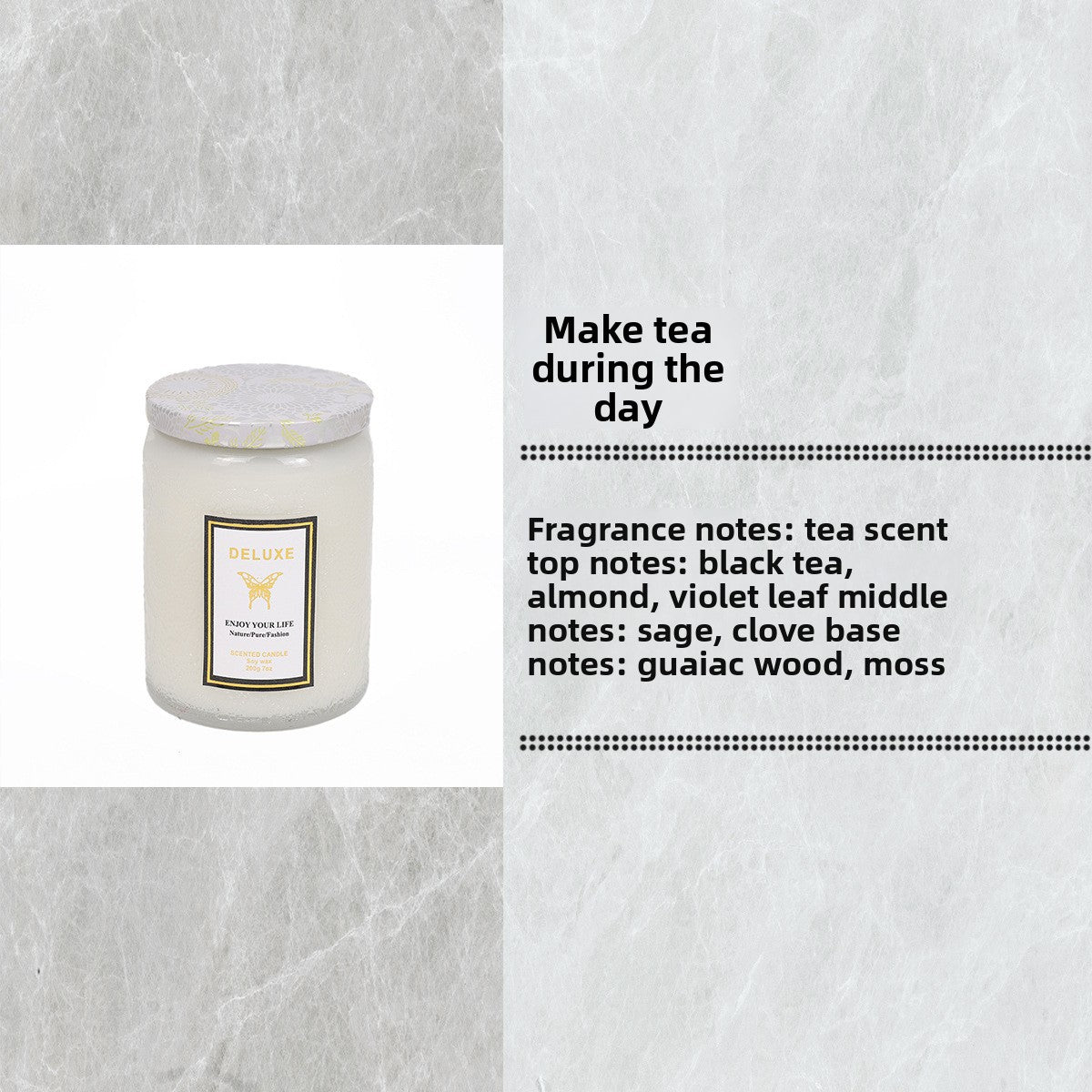Candle jar with a label on a textured white background