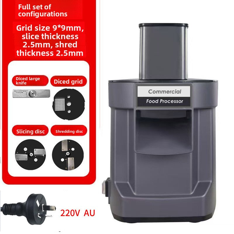 Commercial food processor with attachments and plug on a white background