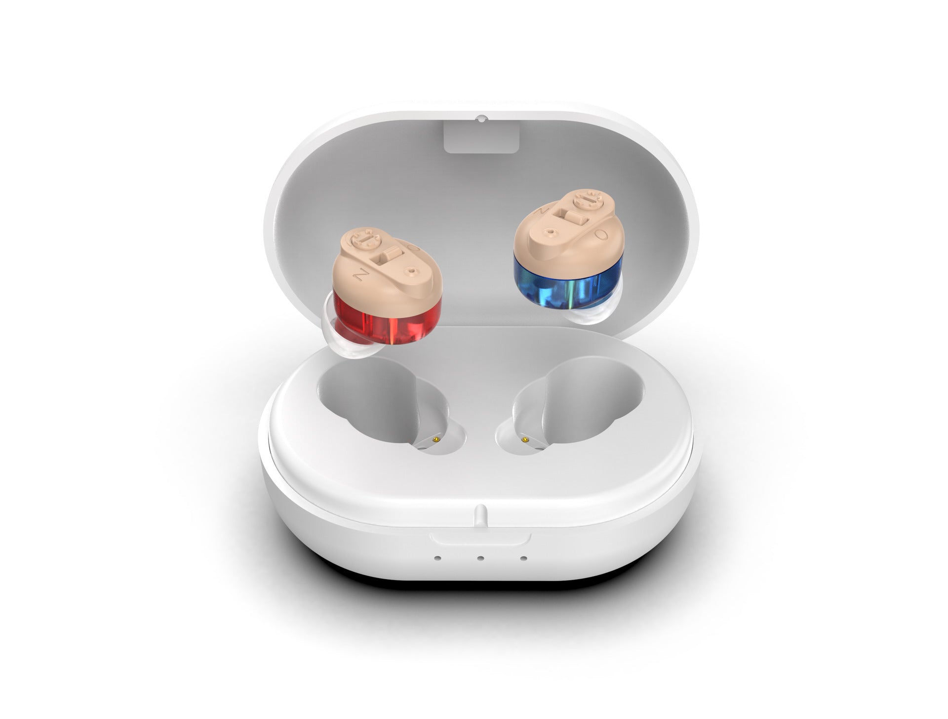 Wireless earbuds in a white charging case on a light gray background