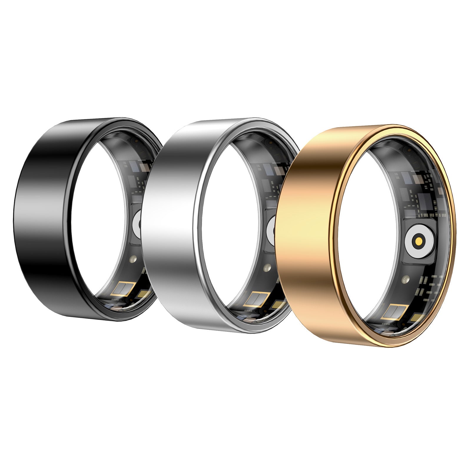 Three smart rings in black, silver, and gold on a white background