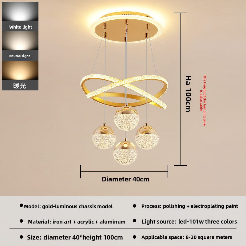 Modern chandelier with dimensions and light color options on a beige background