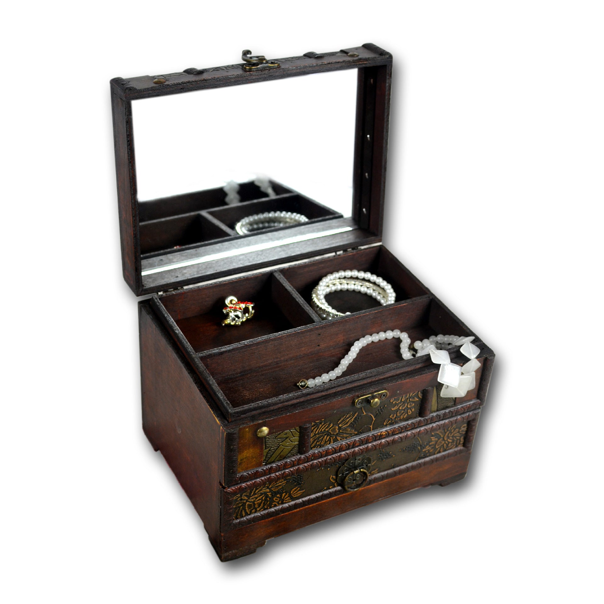 Wooden jewelry box with jewelry inside on a white background