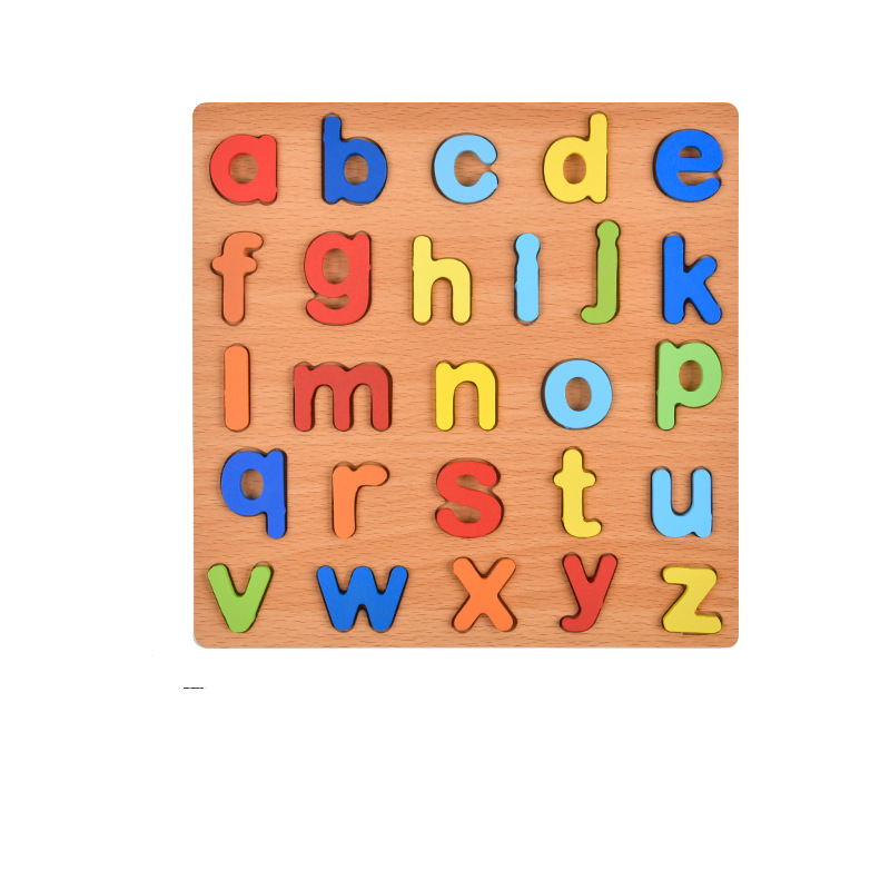 Wooden alphabet puzzle with colorful letters on a white background