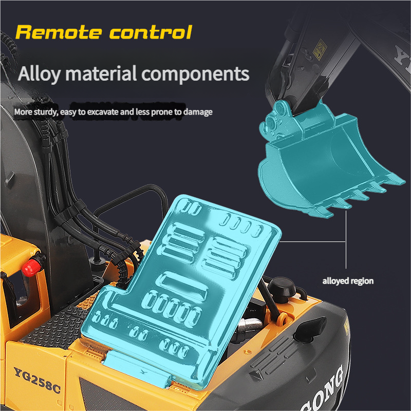 Close-up of a construction vehicle with highlighted alloy material components and remote control feature.