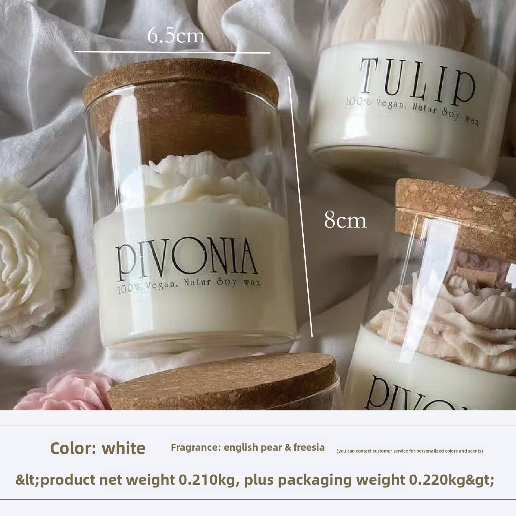 Candles in glass jars with wooden lids, featuring 'Pivonia' and 'Tulip' branding, on a soft white fabric background.