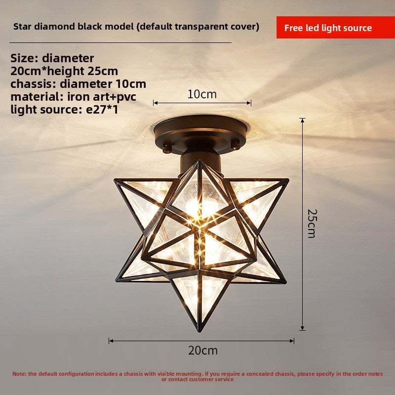 Star-shaped ceiling light fixture with dimensions and material details on a gray background