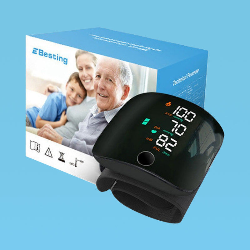 Black pulse oximeter with digital display on a blue background
