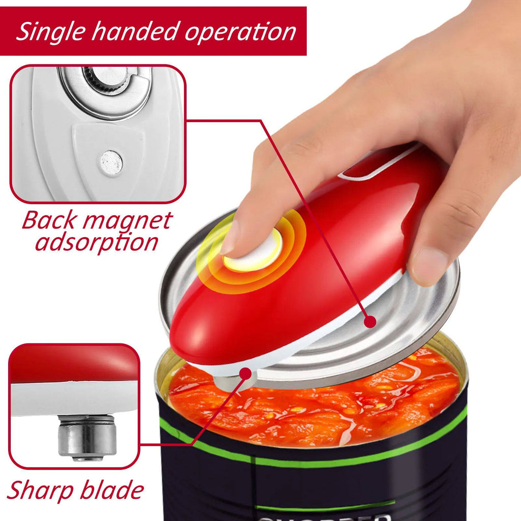 Can opener being used on a can with labeled features like single-handed operation, back magnet adsorption, and sharp blade.