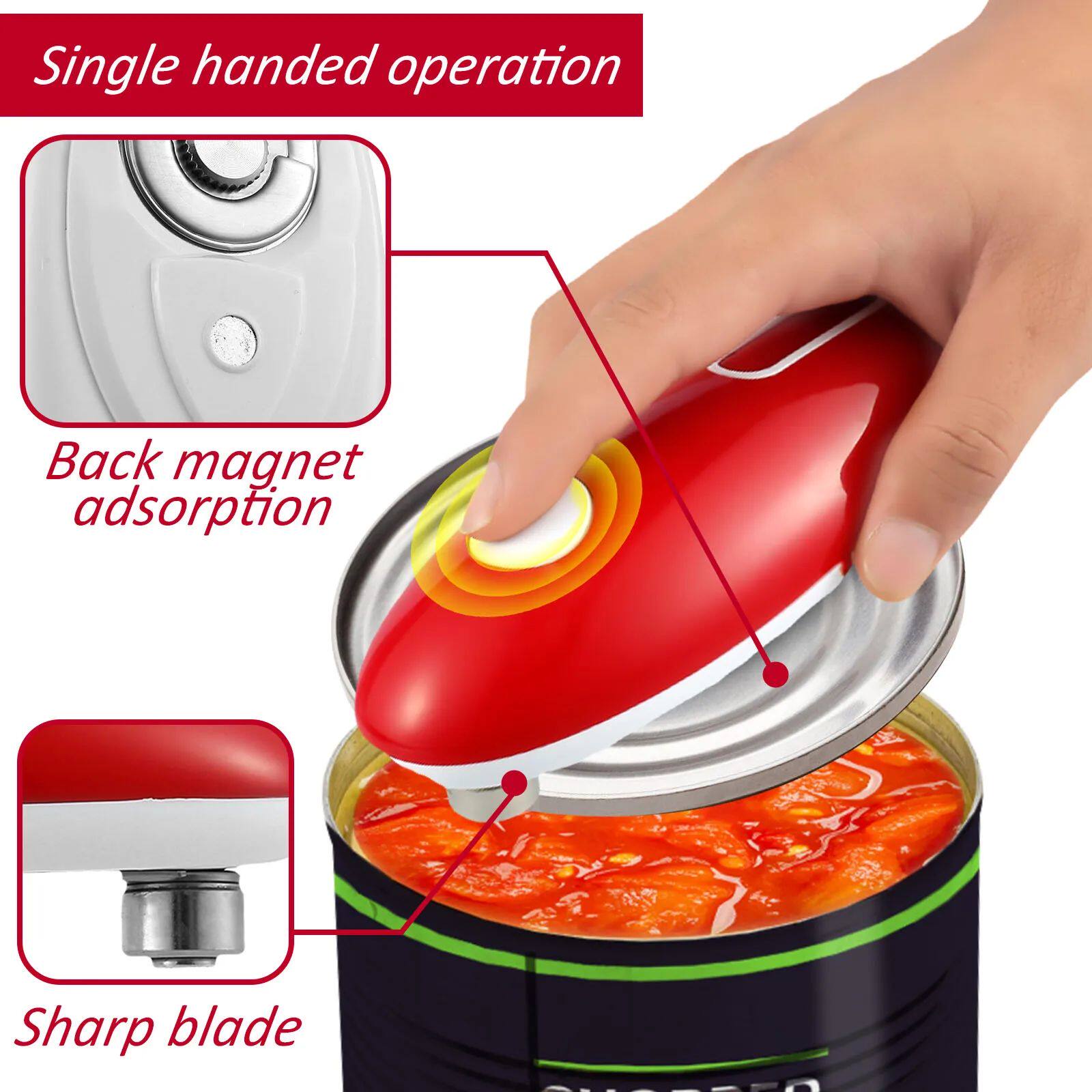 Can opener being used on a can with labeled features like single-handed operation, back magnet adsorption, and sharp blade.