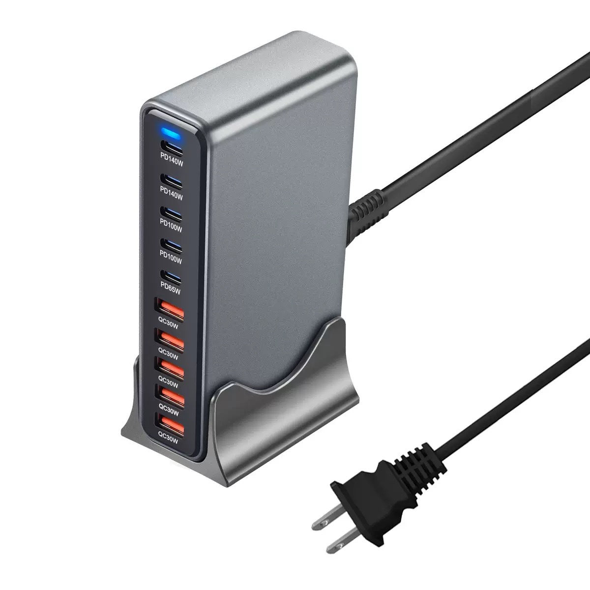 Multi-port USB charger with LED indicators on a white background