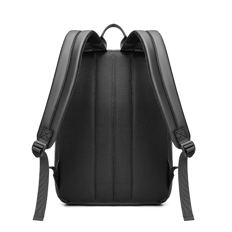 Black backpack with visible stitching on a white background