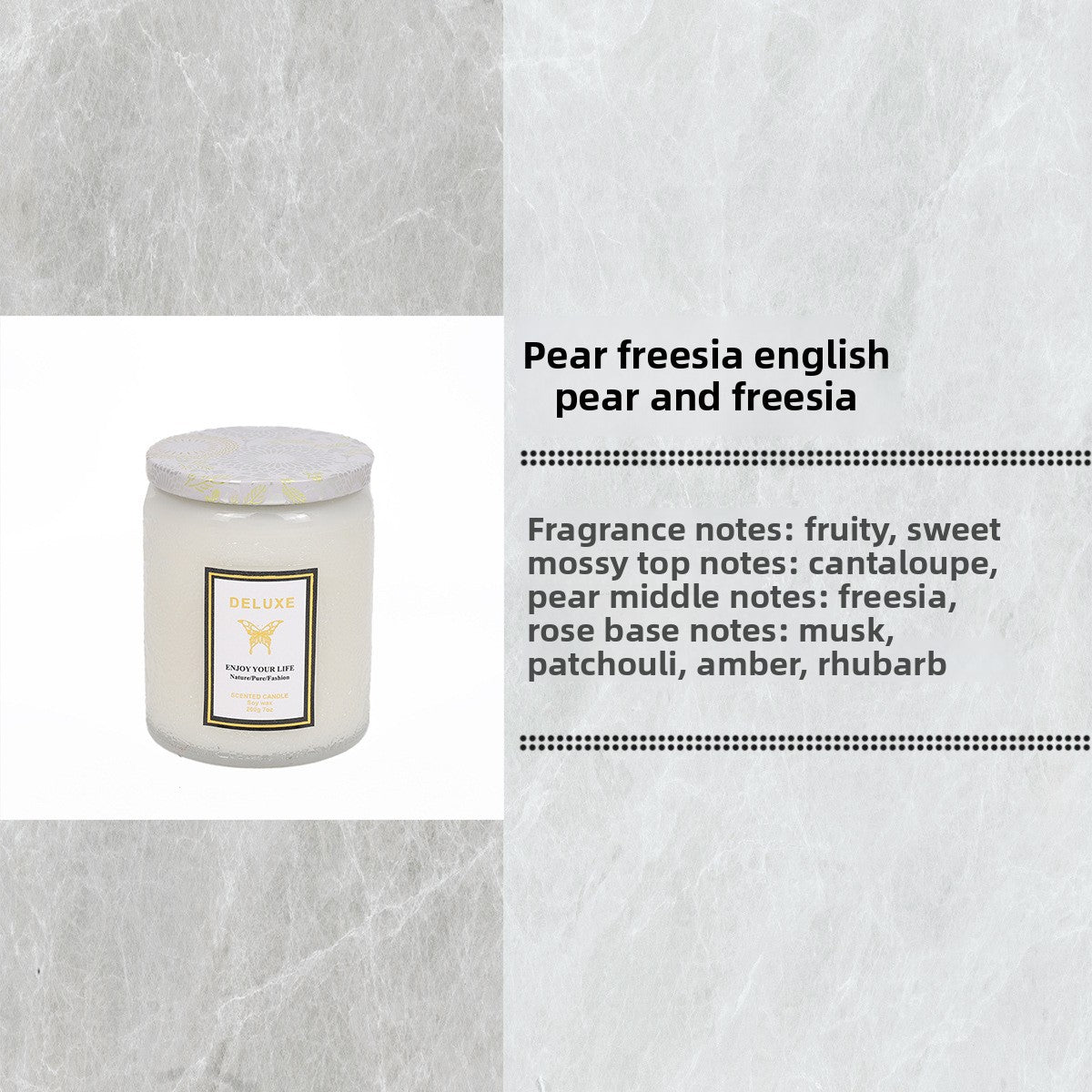 White candle with a label on a textured gray background