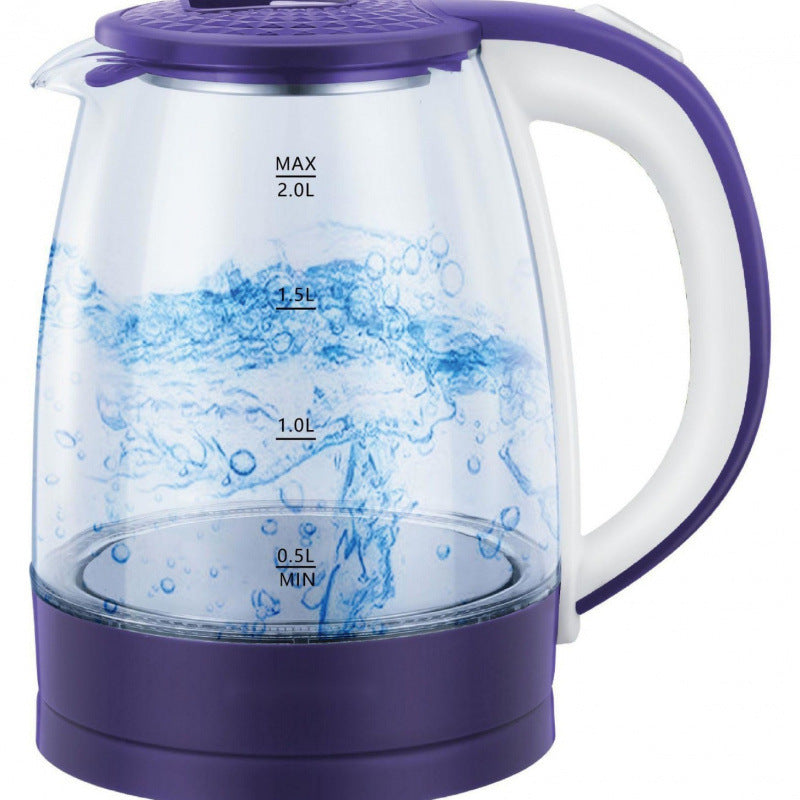 Clear glass electric kettle with purple base and handle on a white background
