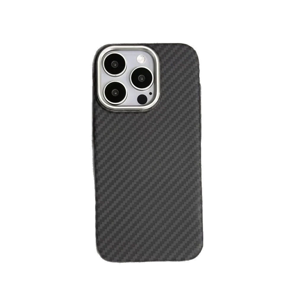 Carbon fiber patterned phone case on a white background