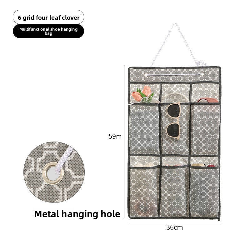 Multifunctional shoe hanging bag with grid design and metal hanging hole, shown with dimensions.