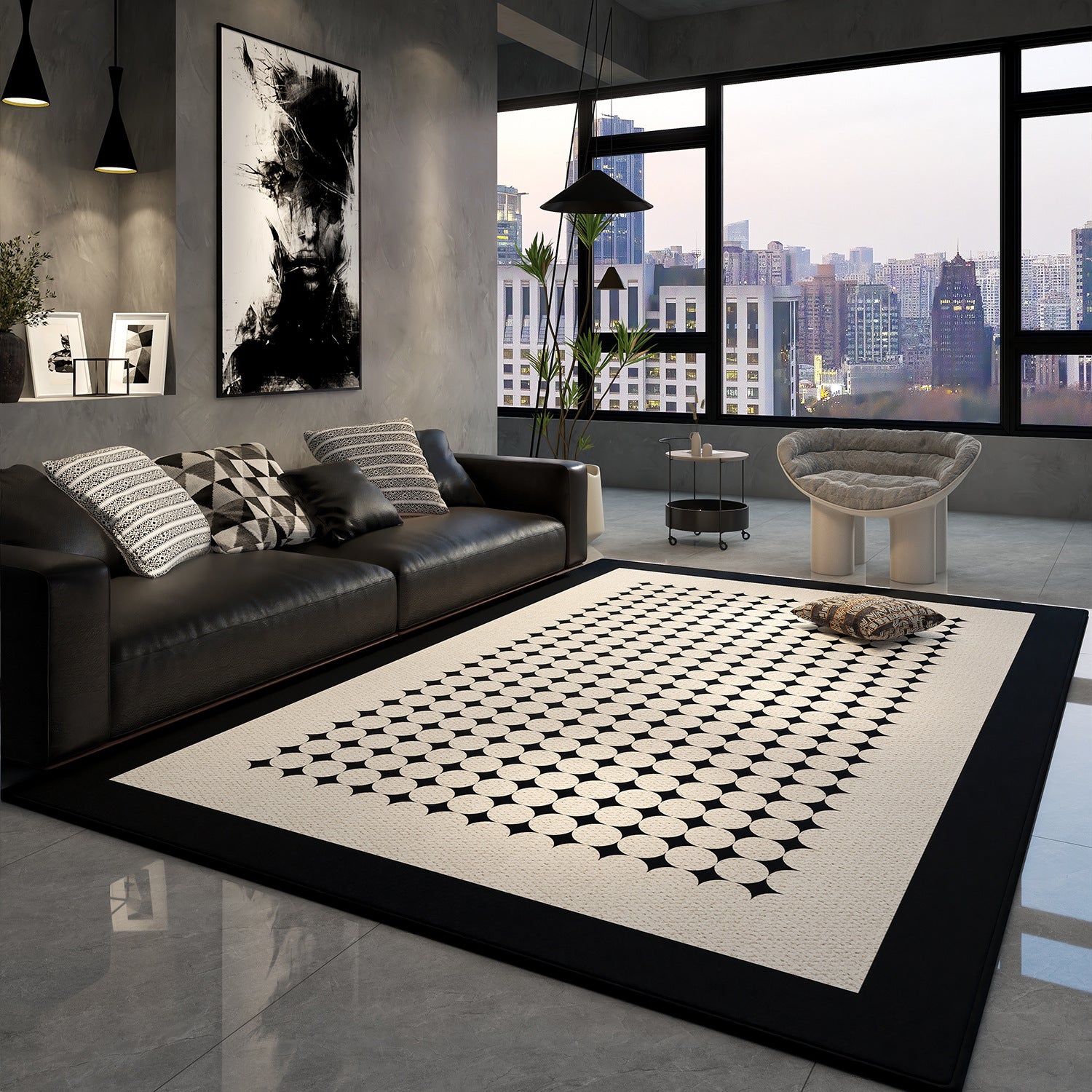 Modern living room with a black and white patterned rug, leather sofa, and cityscape view.