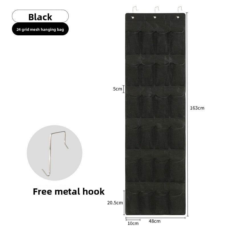 Black 24-grid mesh hanging bag with measurements and free metal hook on a white background