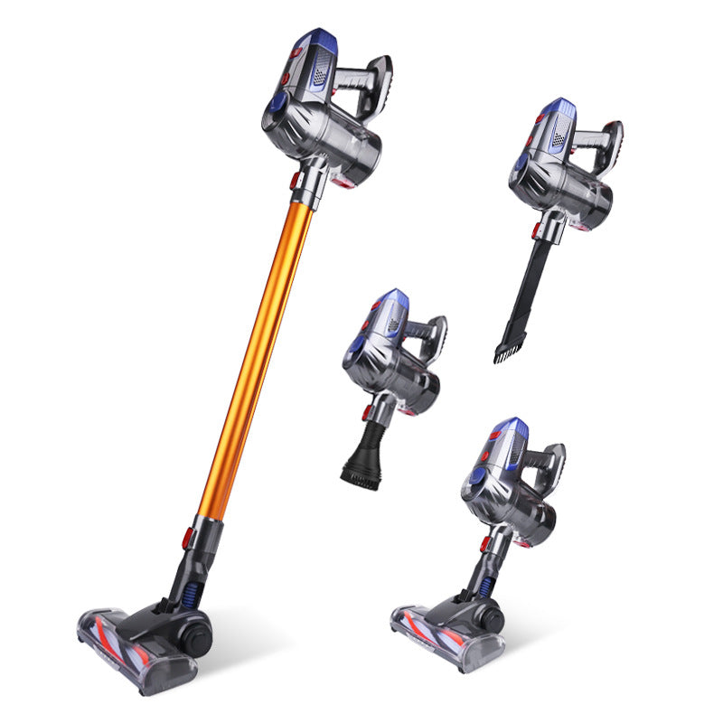 Cordless vacuum cleaner with multiple attachments on a white background