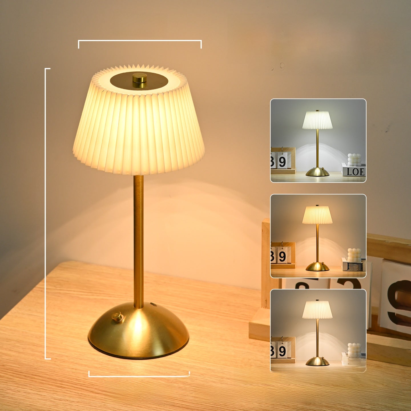 Table lamp with pleated shade on a wooden surface, surrounded by smaller inset images.