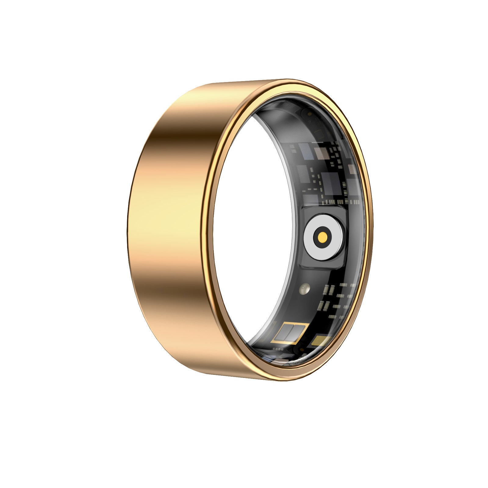 Gold smart ring with electronic components on a white background