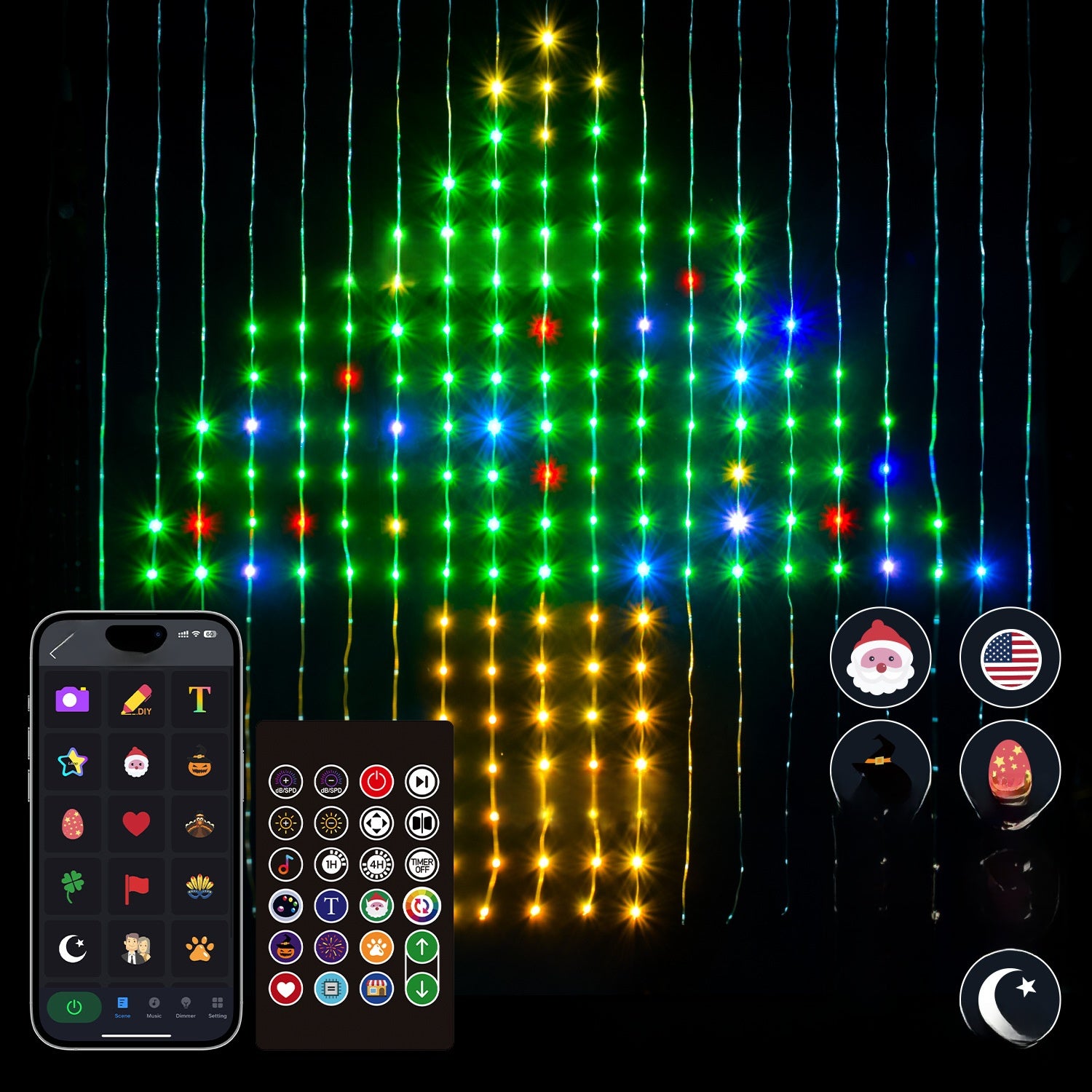 LED string lights shaped like a Christmas tree with smartphone app control on a dark background